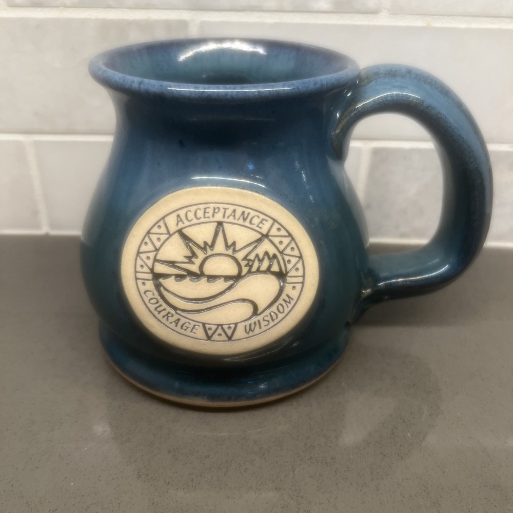 Vintage Blue Pottery Mug Acceptance Courage Wisdom